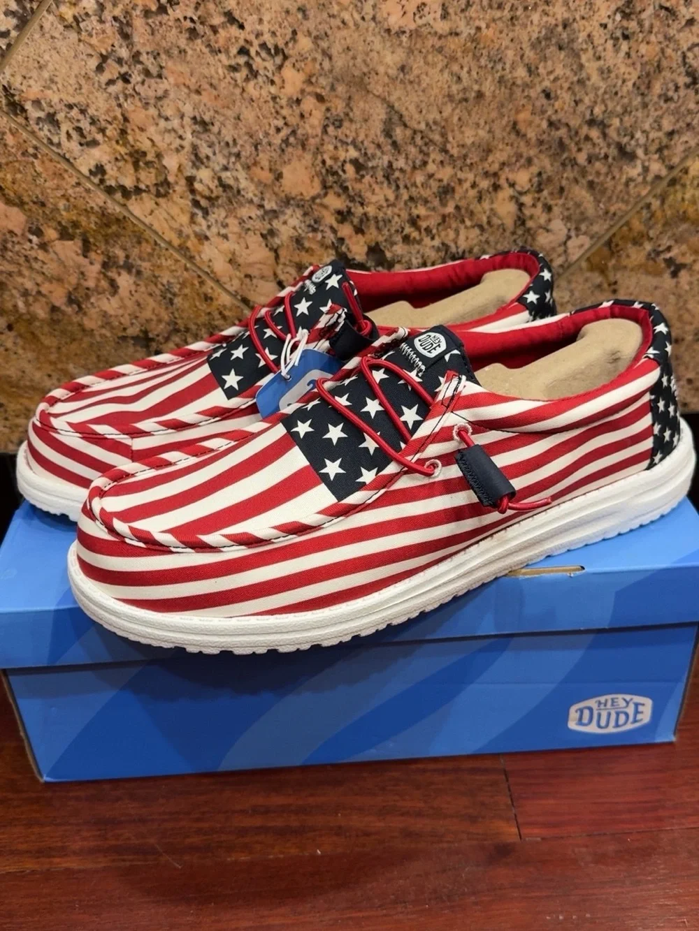 Hey Dude Mens Slip-On Sneakers in Red, White & Blue Stars & Stripes